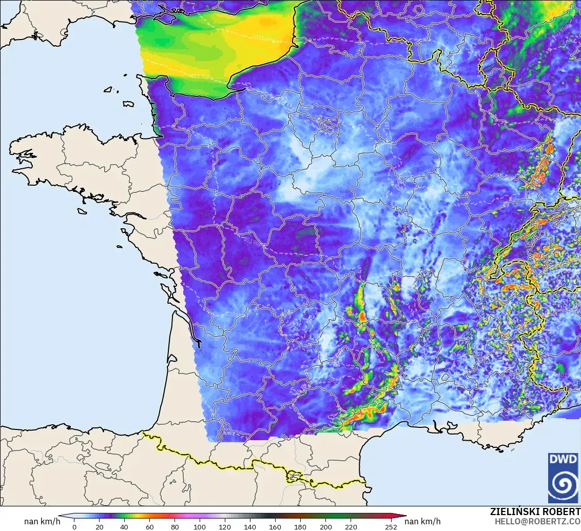 ICON Alemania 2 km modelo - Francia, Ráfagas de Viento Máximas