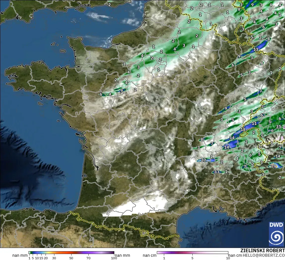 ICON Alemania 2 km modelo - Francia, Precipitación, nubes y presión