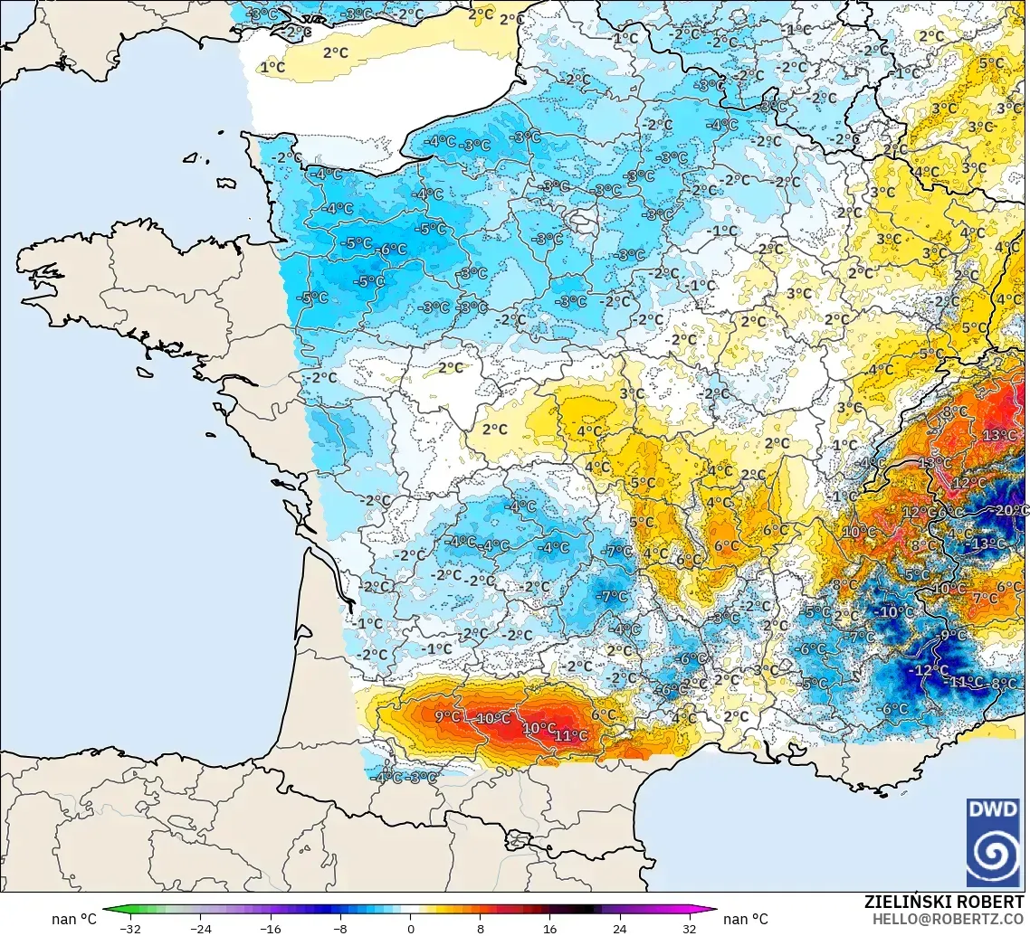 ICON Alemania 2 km modelo - Francia, Anomalía de temperatura a 2 m