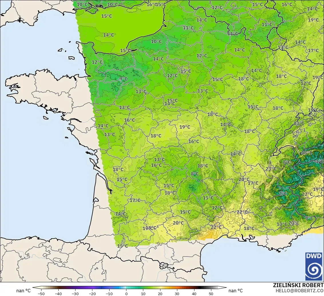 ICON Alemania 2 km modelo - Francia, Temperatura a 2 m