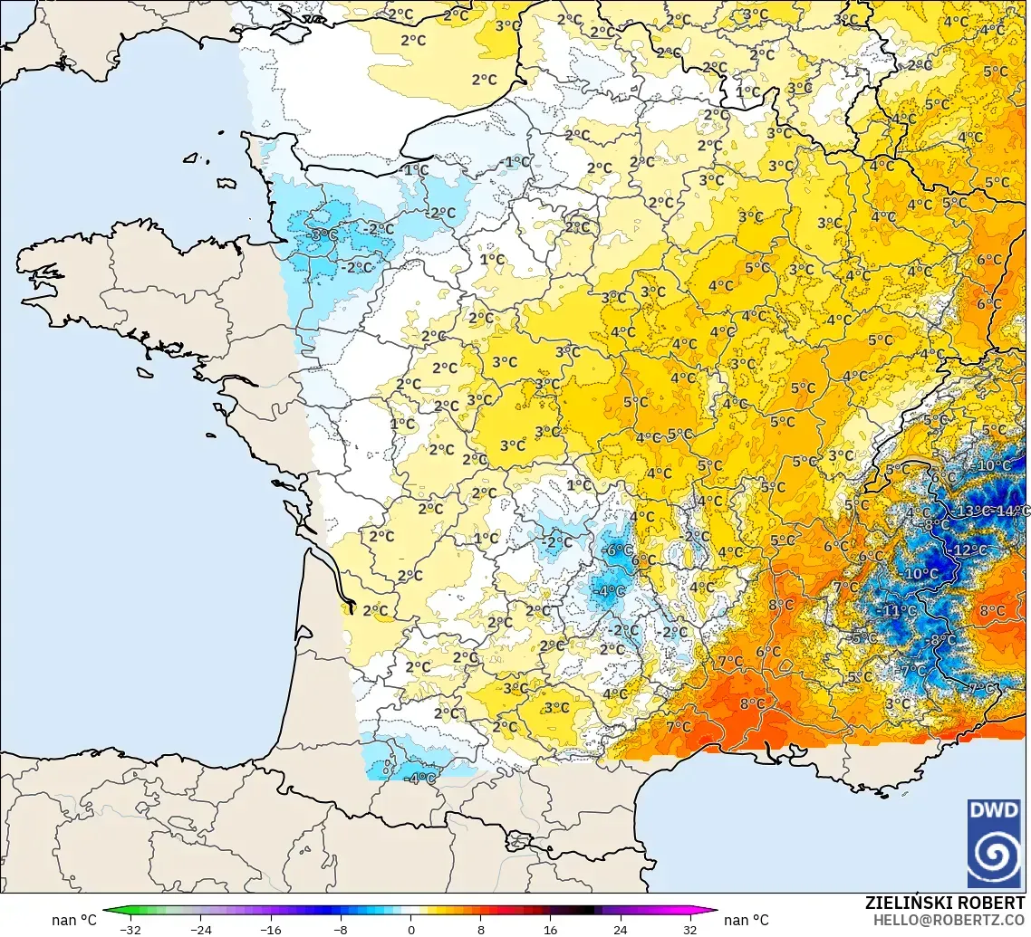 ICON Alemania 2 km modelo - Francia, Anomalía de temperatura a 850 hPa