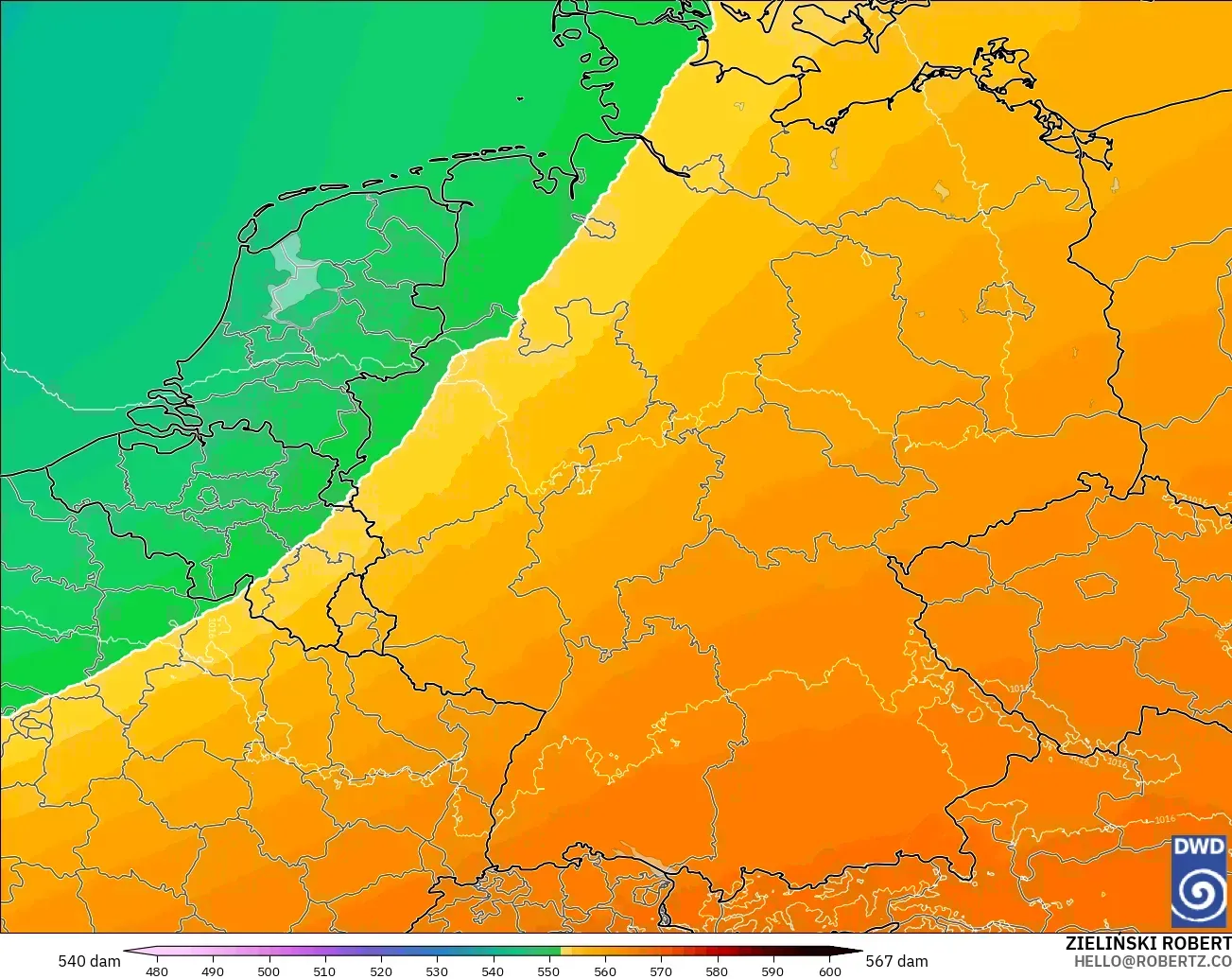 ICON Alemania 2 km modelo - Alemania, Altura geopotencial a 500 hPa