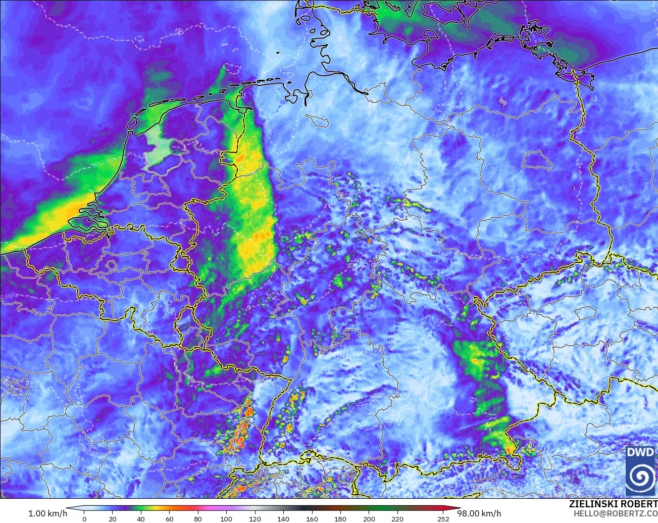 ICON Alemania 2 km modelo - Alemania, Ráfagas de viento