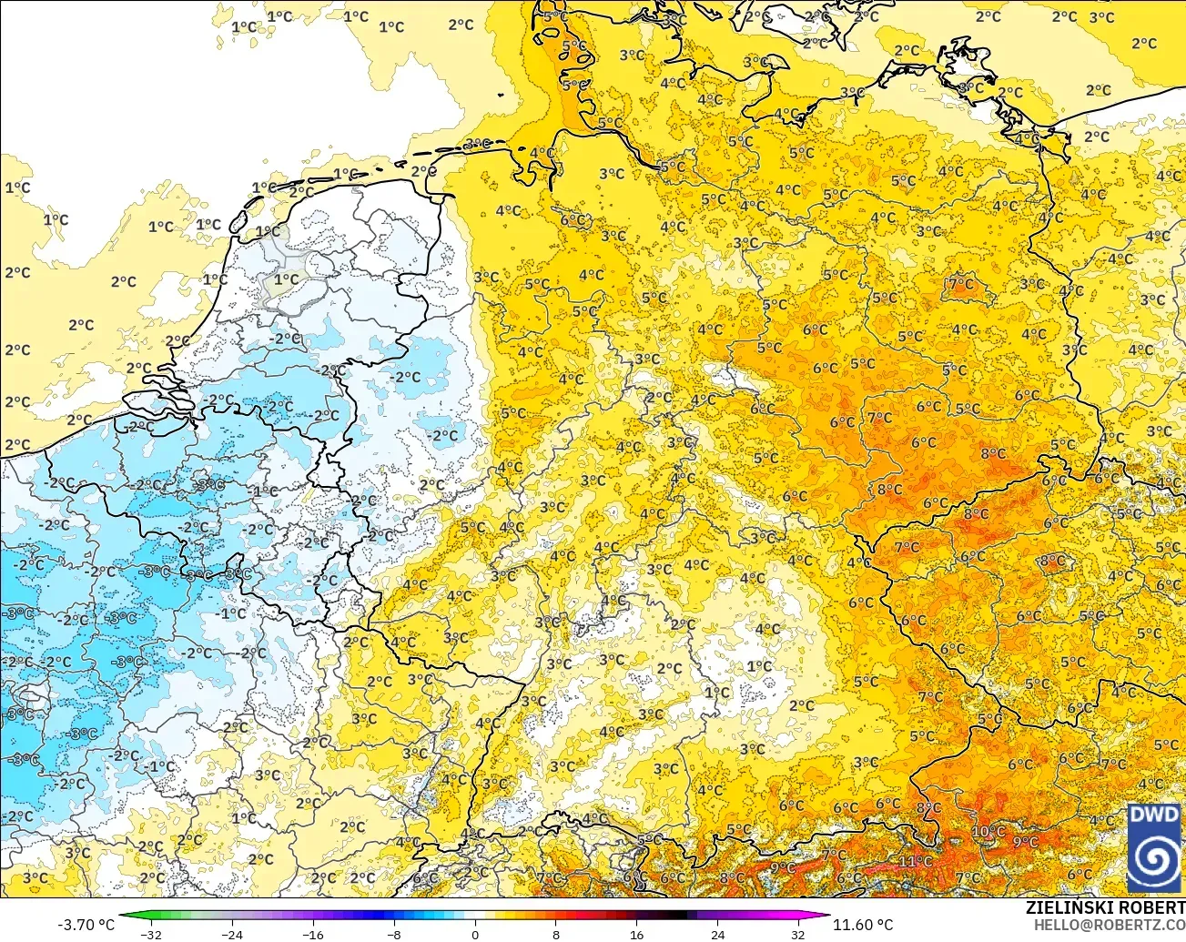 ICON Alemania 2 km modelo - Alemania, Anomalía de temperatura a 2 m