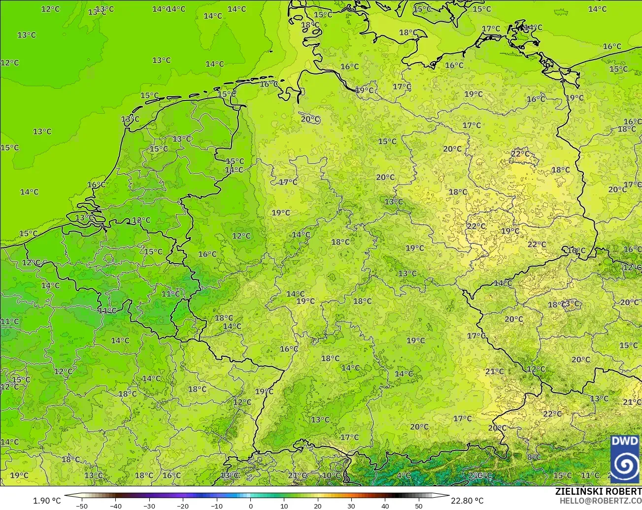 ICON Alemania 2 km modelo - Alemania, Temperatura a 2 m