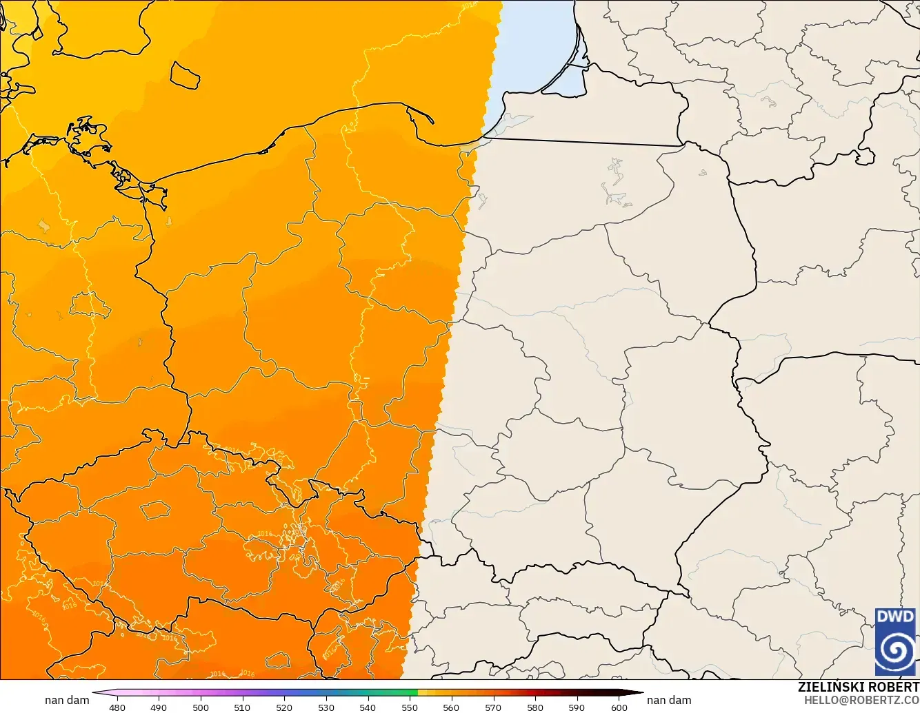ICON Alemania 2 km modelo - Polonia, Altura geopotencial a 500 hPa