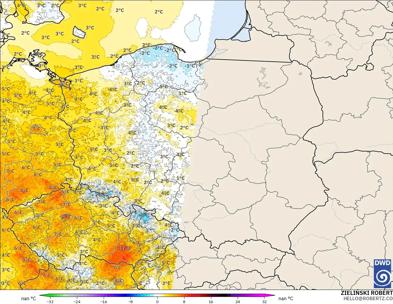 ICON Alemania 2 km modelo - Polonia, Anomalía de temperatura a 2 m