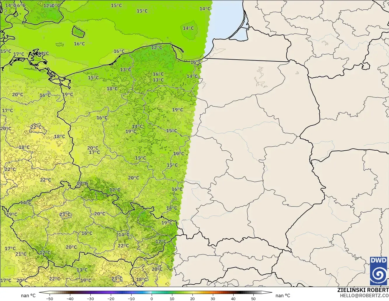 ICON Alemania 2 km modelo - Polonia, Temperatura a 2 m