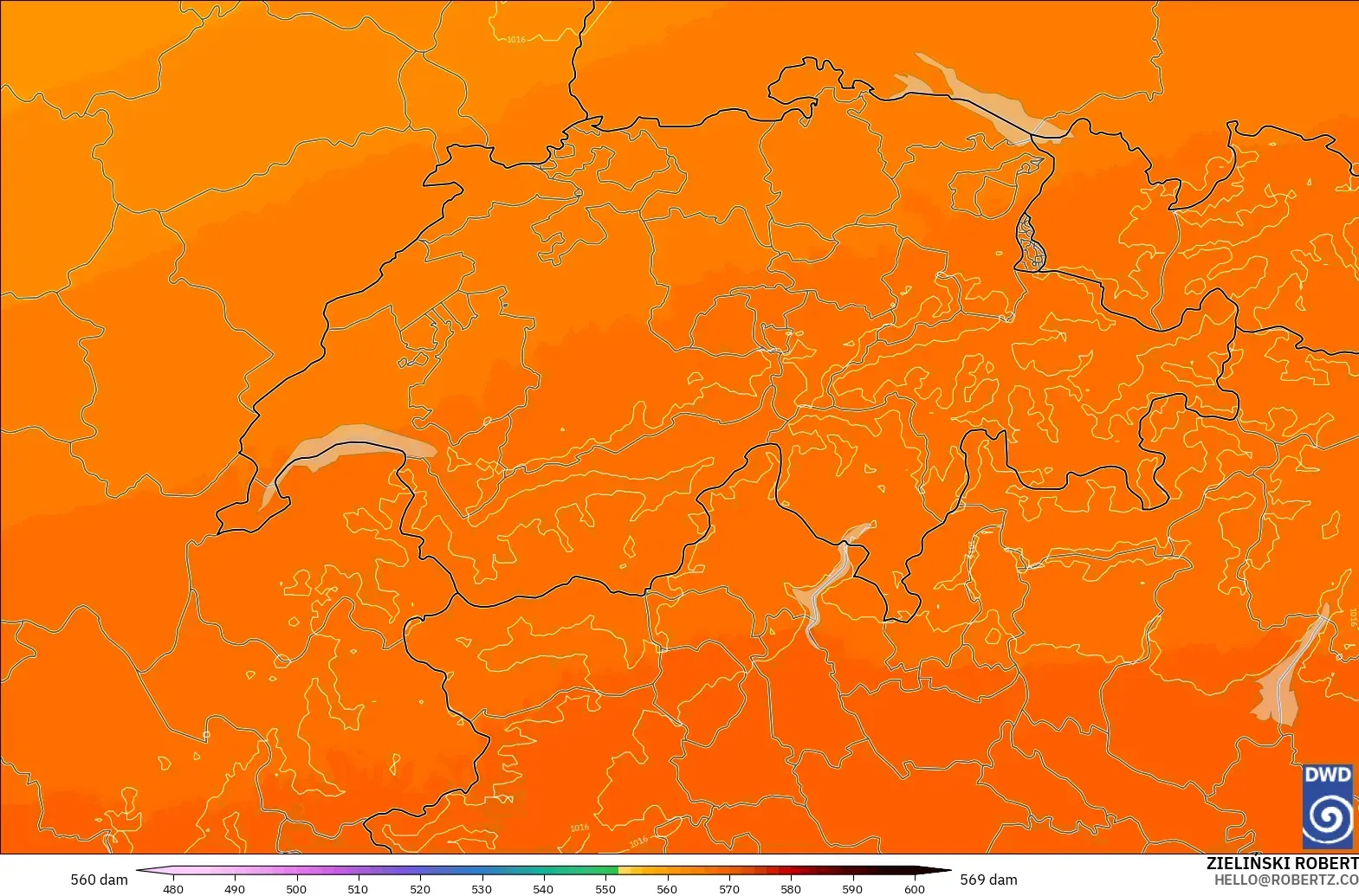 ICON Alemania 2 km modelo - Suiza, Altura geopotencial a 500 hPa