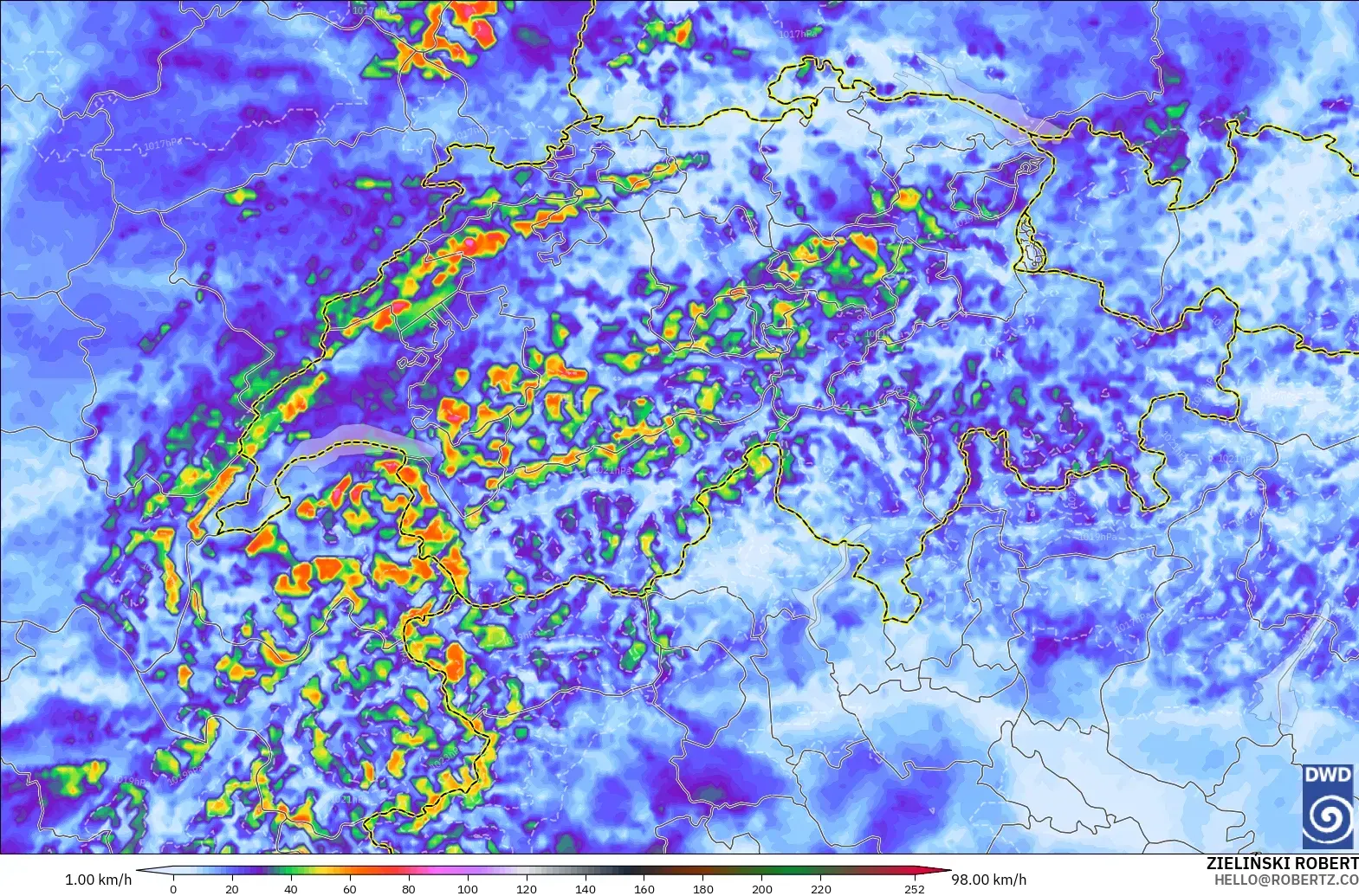 ICON Alemania 2 km modelo - Suiza, Ráfagas de viento
