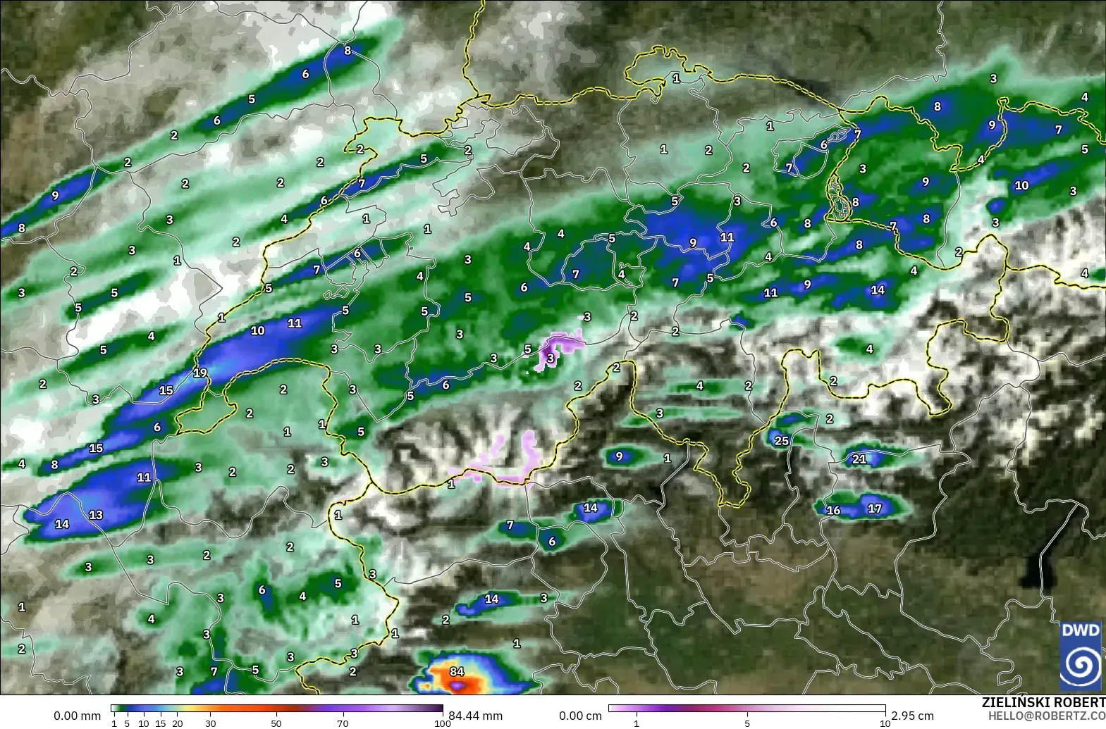 ICON Alemania 2 km modelo - Suiza, Precipitación, nubes y presión