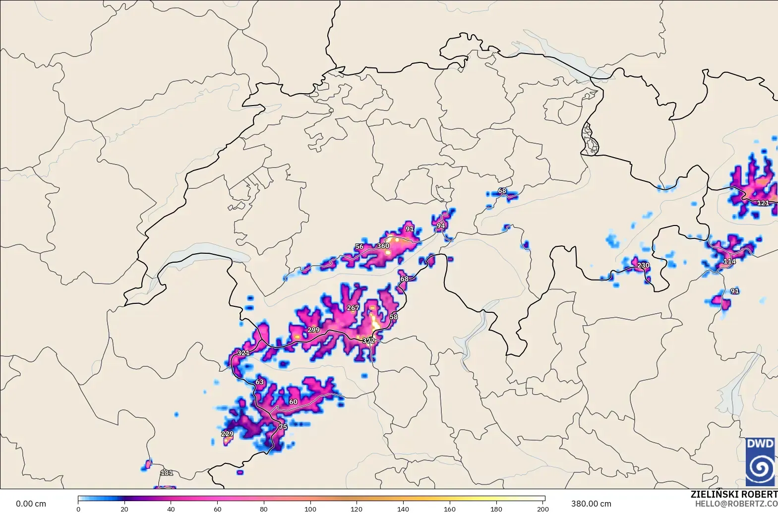 ICON Alemania 2 km modelo - Suiza, Profundidad de nieve