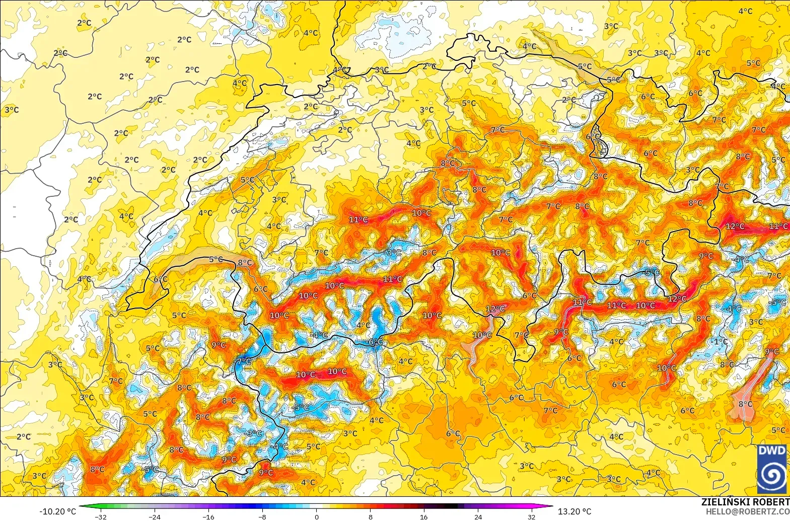 ICON Alemania 2 km modelo - Suiza, Anomalía de temperatura a 2 m