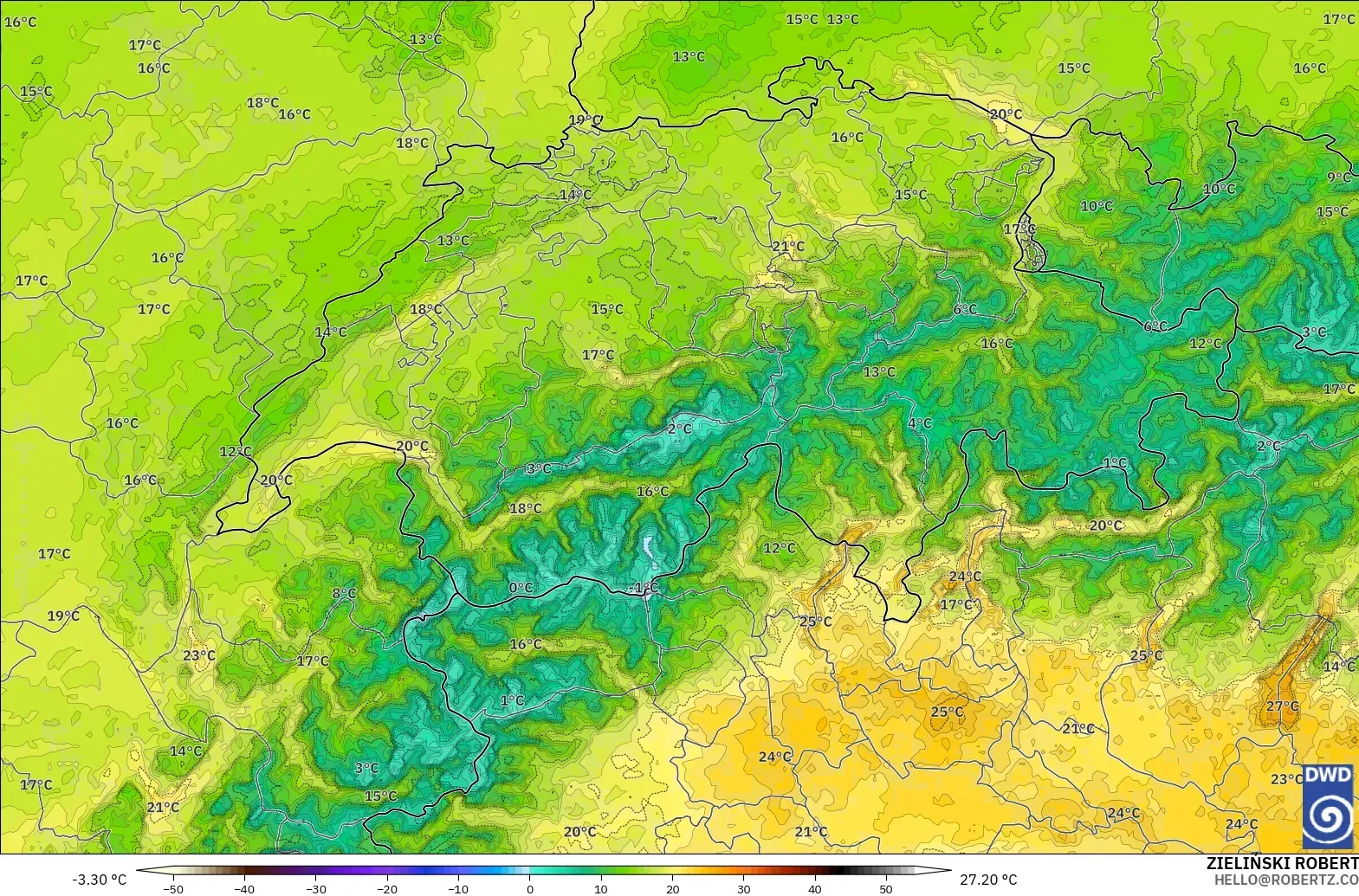ICON Alemania 2 km modelo - Suiza, Temperatura a 2 m