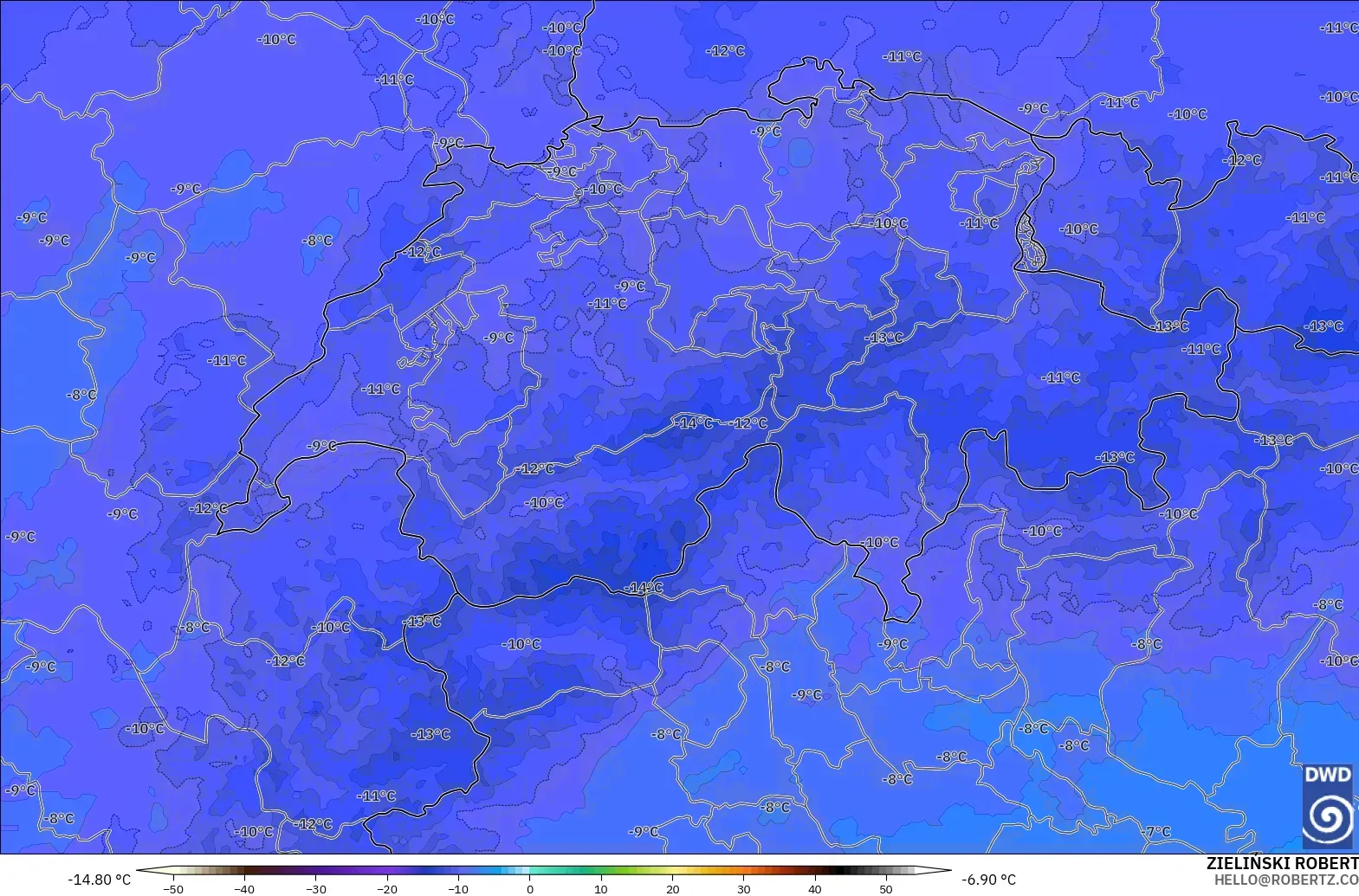 ICON Alemania 2 km modelo - Suiza, Temperatura a 500 hPa