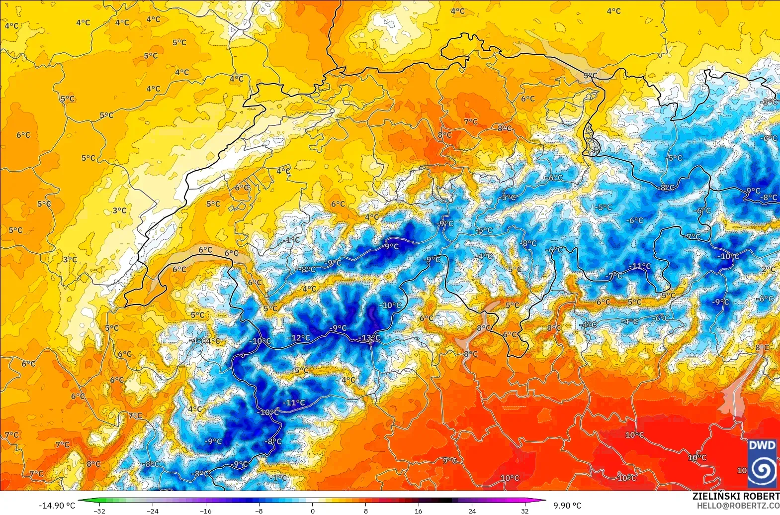 ICON Alemania 2 km modelo - Suiza, Anomalía de temperatura a 850 hPa