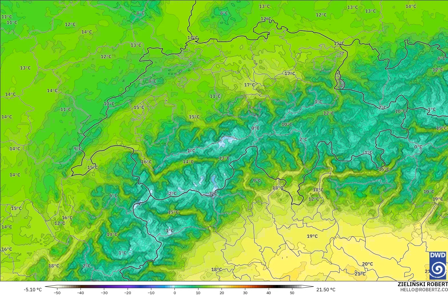 ICON Alemania 2 km modelo - Suiza, Temperatura a 850 hPa