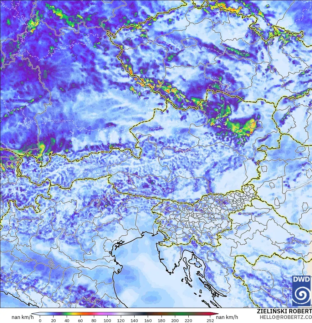 ICON Alemania 2 km modelo - Austria, Ráfagas de Viento Máximas