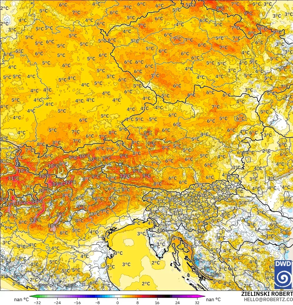 ICON Alemania 2 km modelo - Austria, Anomalía de temperatura a 2 m