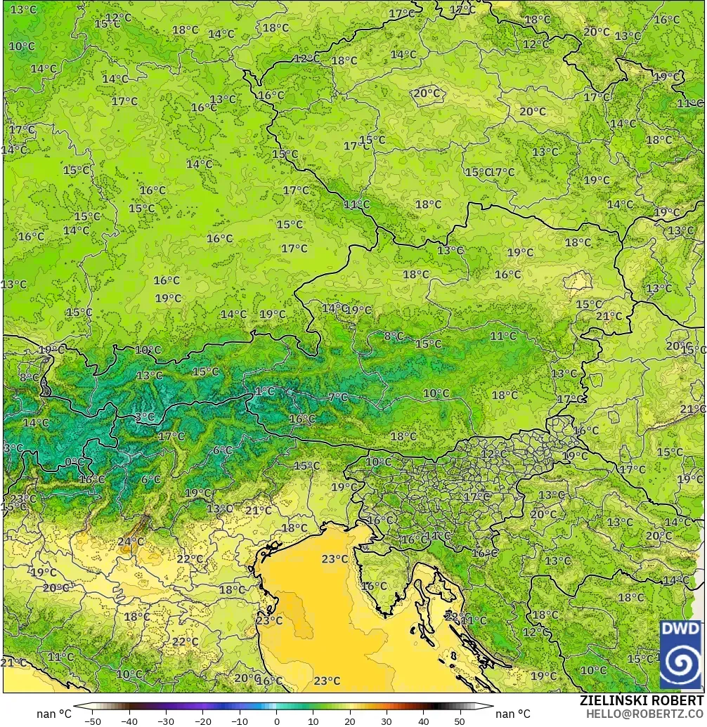 ICON Alemania 2 km modelo - Austria, Temperatura a 2 m