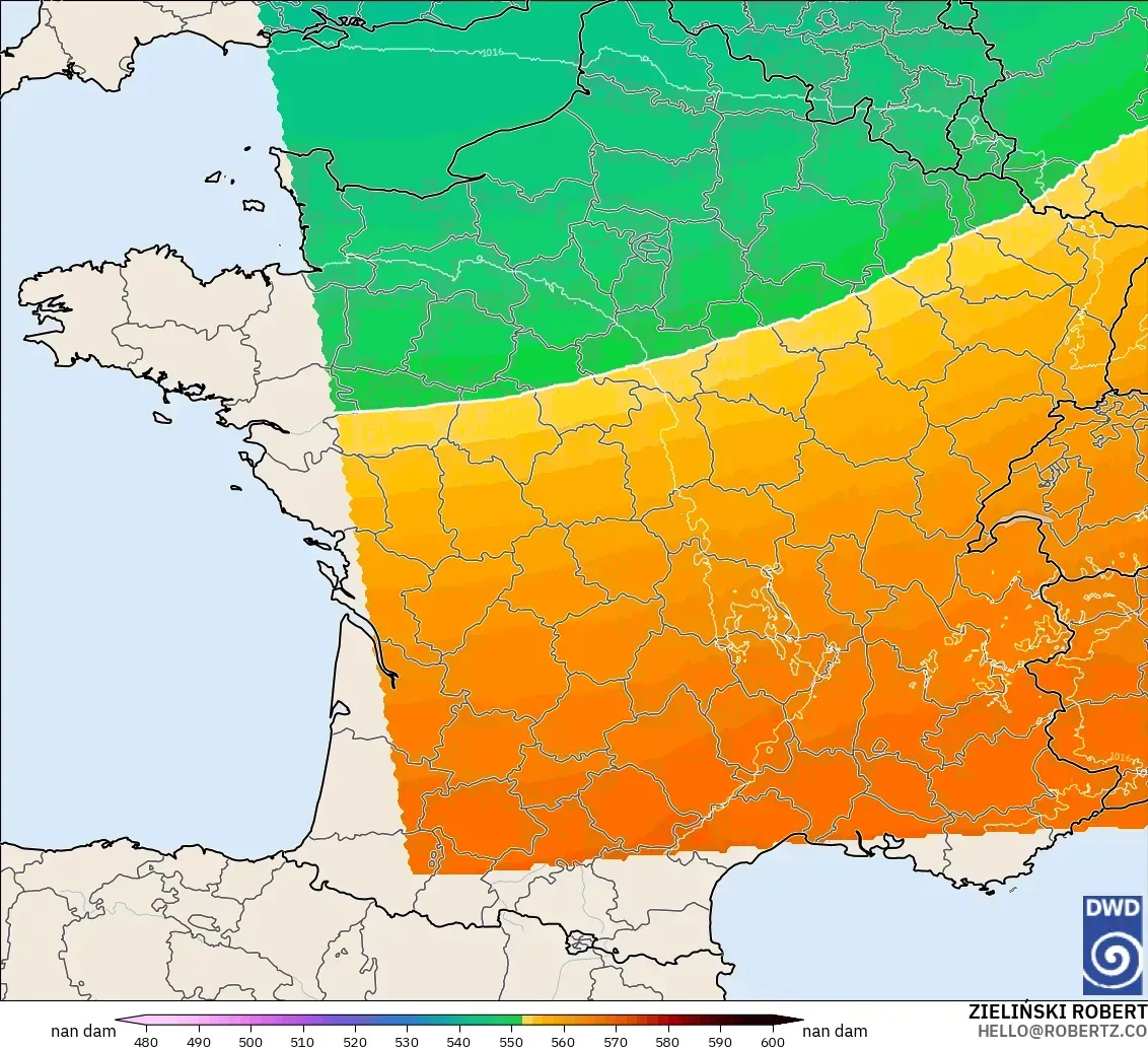 ICON Alemania 2 km modelo - Francia, Altura geopotencial a 500 hPa