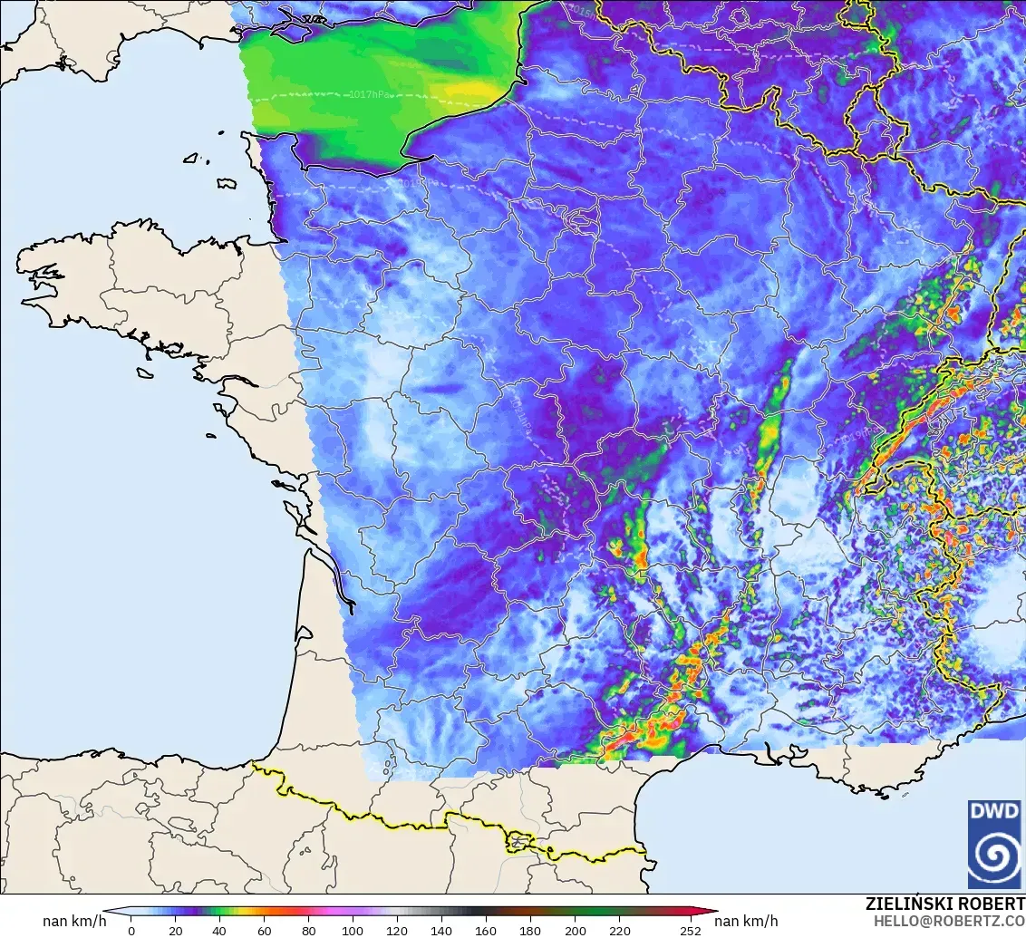 ICON Alemania 2 km modelo - Francia, Ráfagas de viento