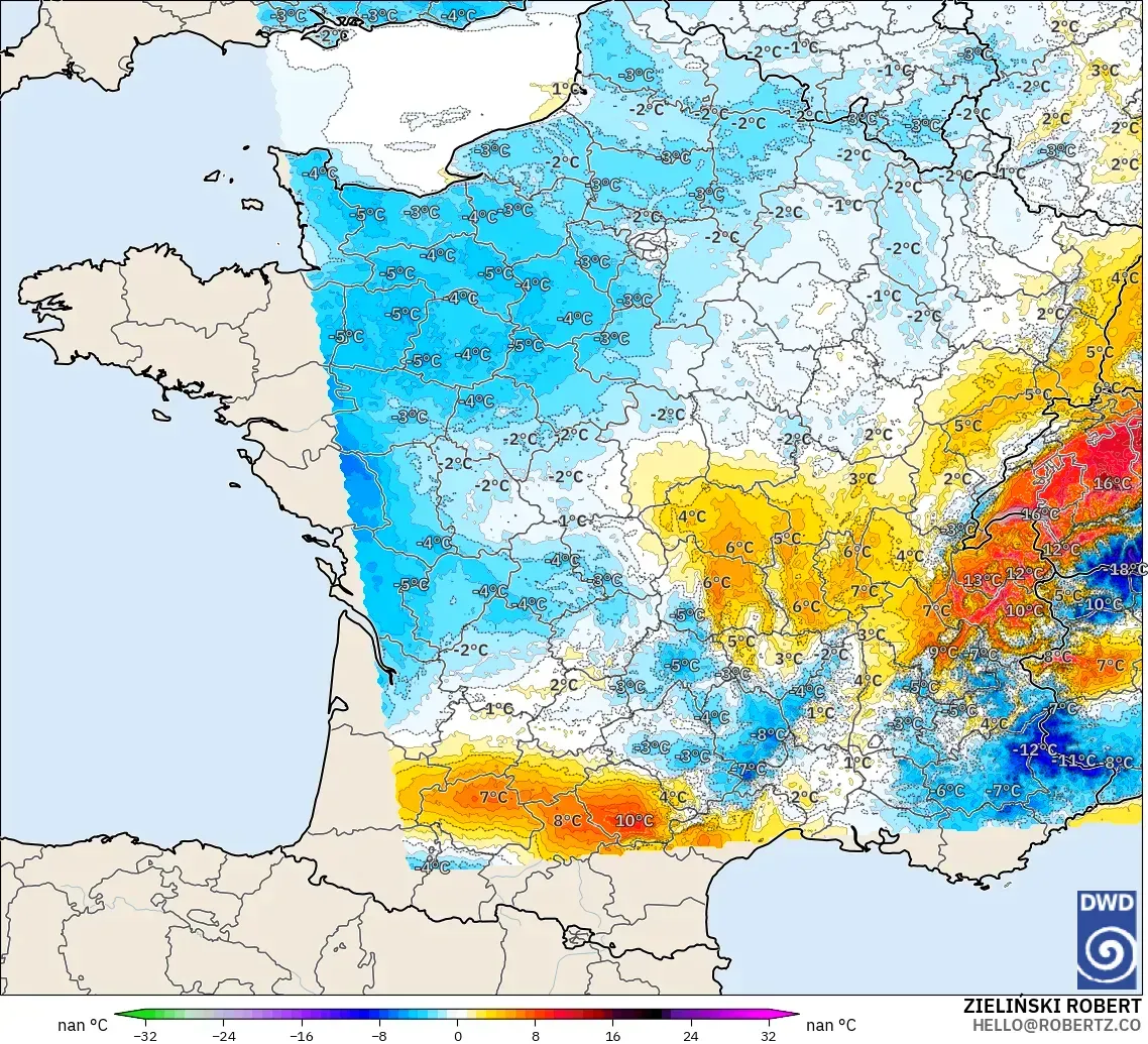 ICON Alemania 2 km modelo - Francia, Anomalía de temperatura a 2 m