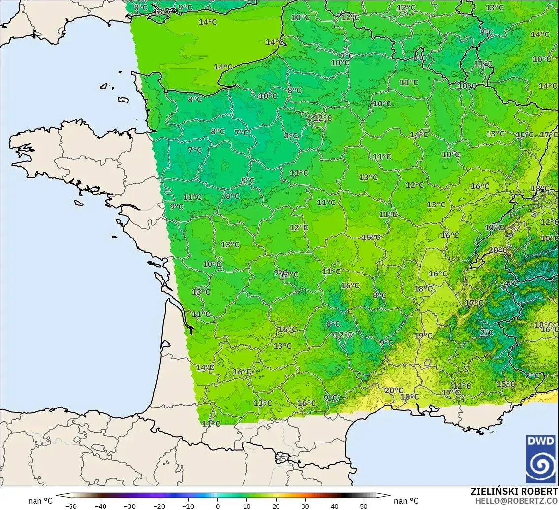 ICON Alemania 2 km modelo - Francia, Temperatura a 2 m