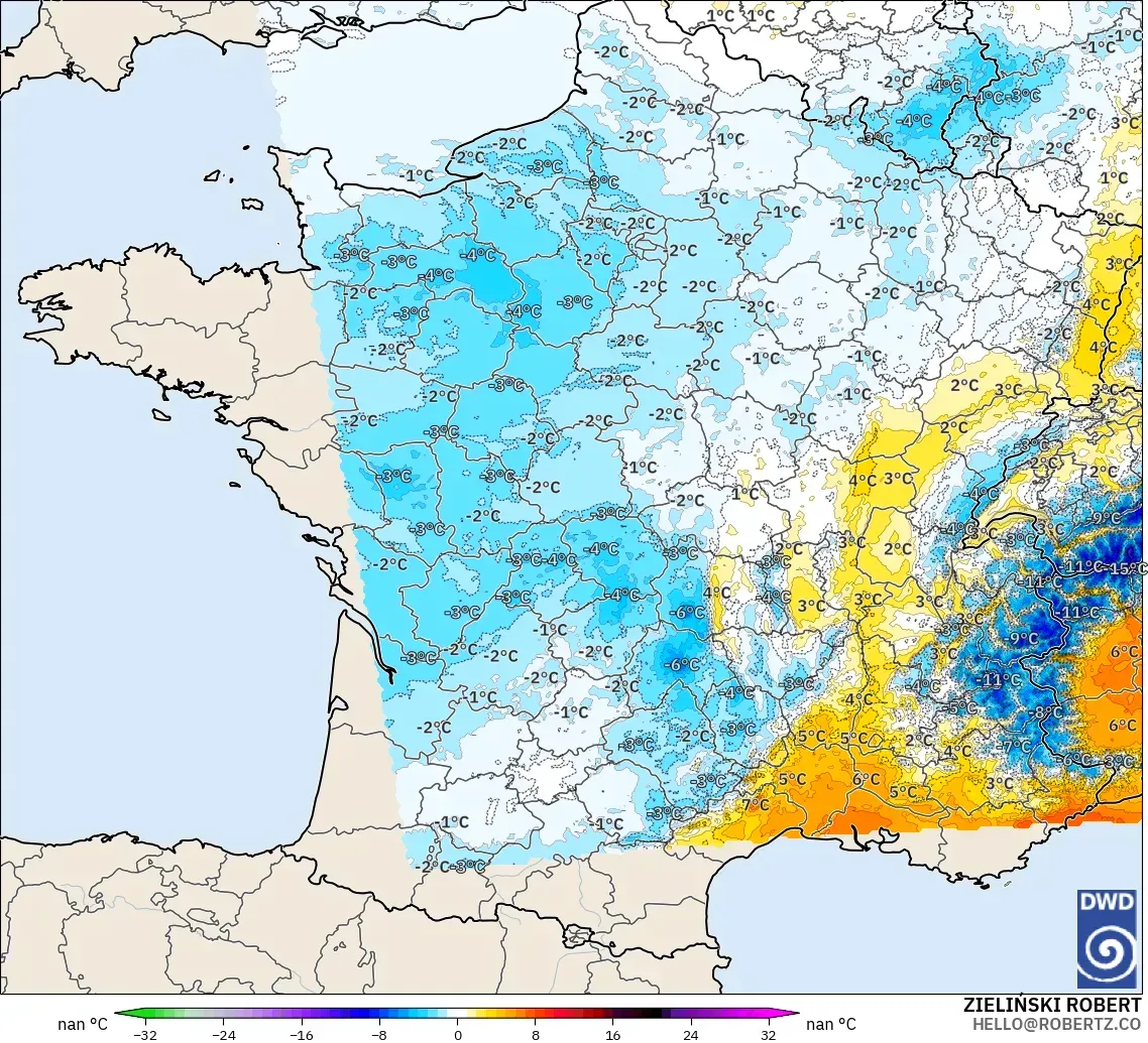 ICON Alemania 2 km modelo - Francia, Anomalía de temperatura a 850 hPa
