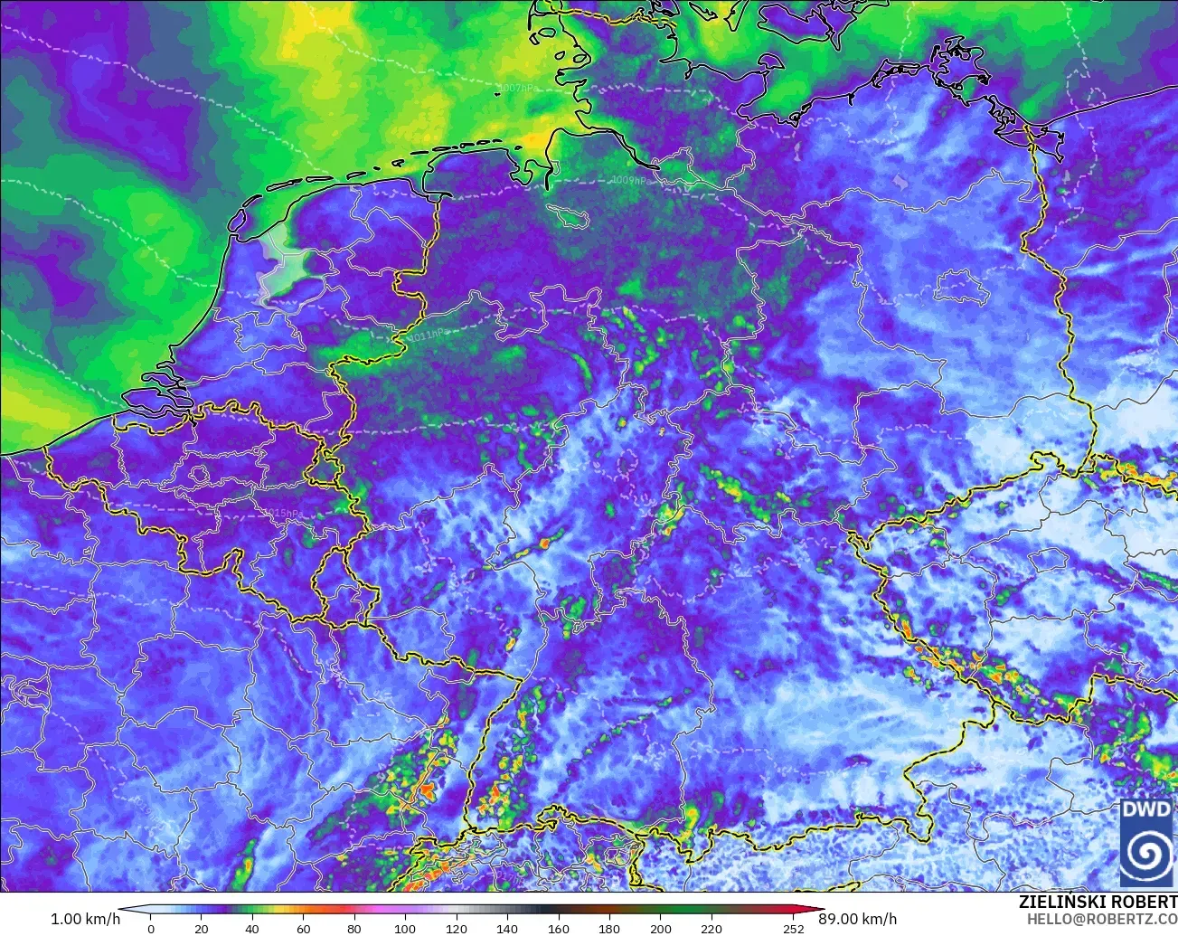 ICON Alemania 2 km modelo - Alemania, Ráfagas de viento