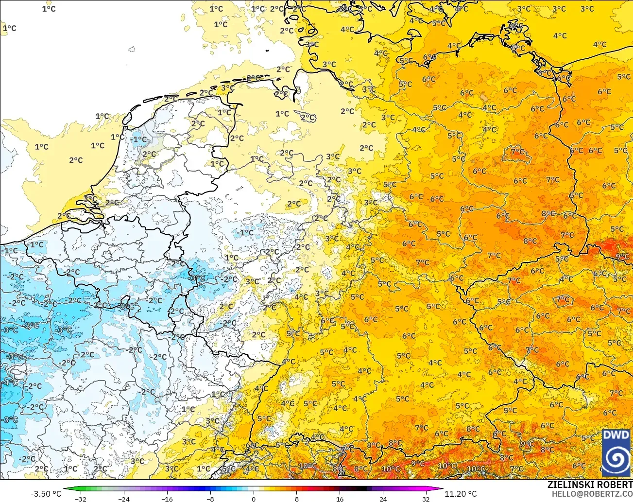 ICON Alemania 2 km modelo - Alemania, Anomalía de temperatura a 2 m