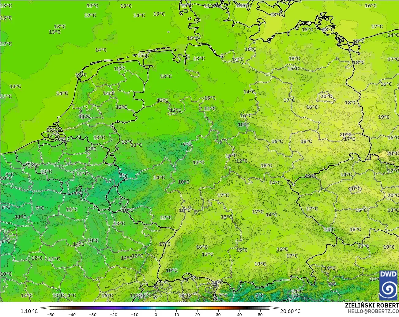 ICON Alemania 2 km modelo - Alemania, Temperatura a 2 m