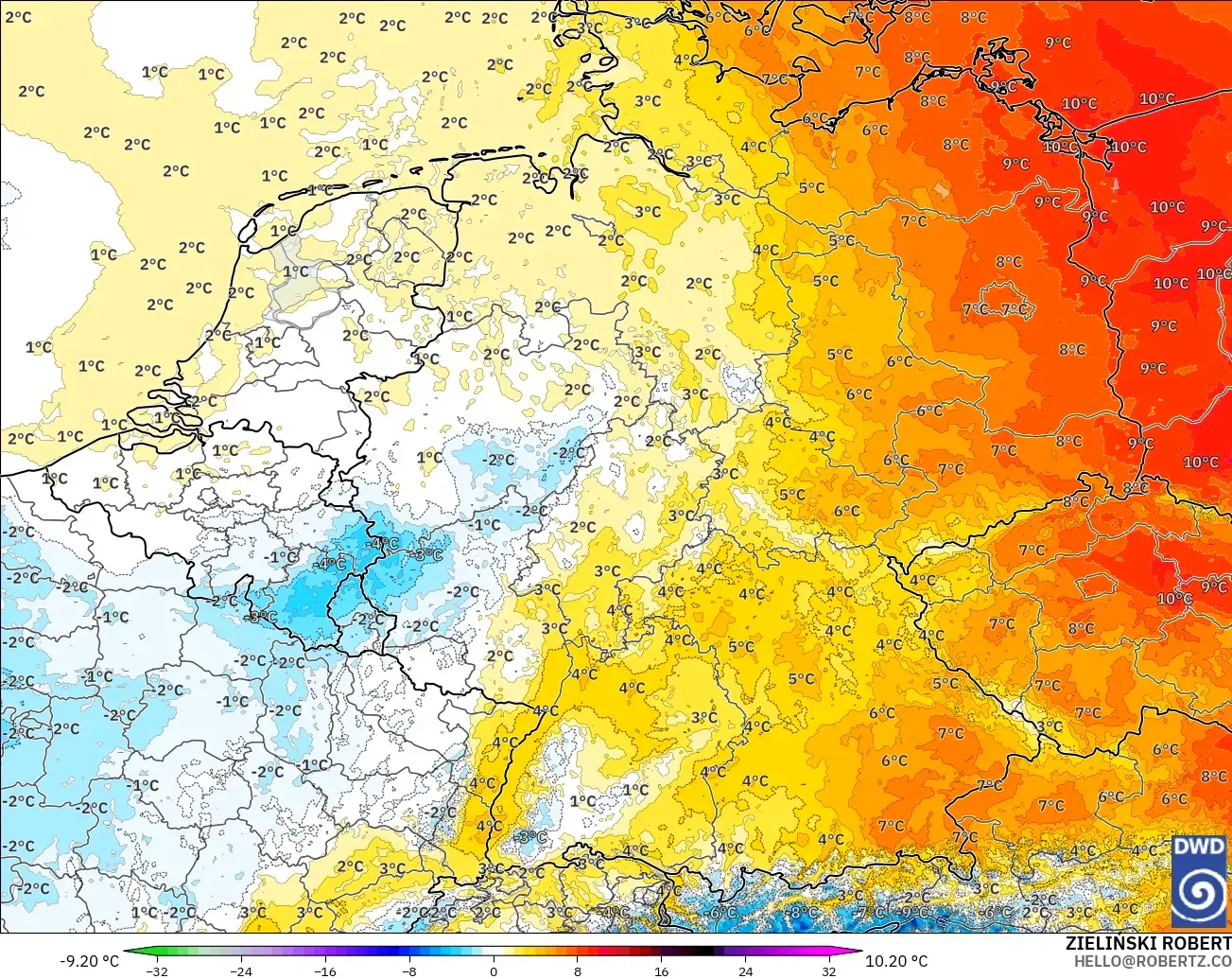 ICON Alemania 2 km modelo - Alemania, Anomalía de temperatura a 850 hPa