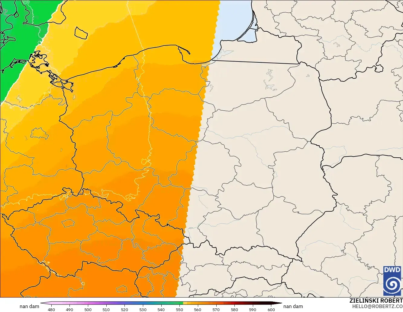 ICON Alemania 2 km modelo - Polonia, Altura geopotencial a 500 hPa