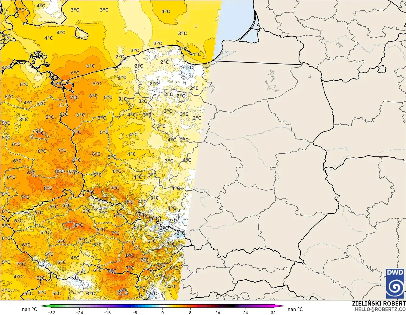 ICON Alemania 2 km modelo - Polonia, Anomalía de temperatura a 2 m