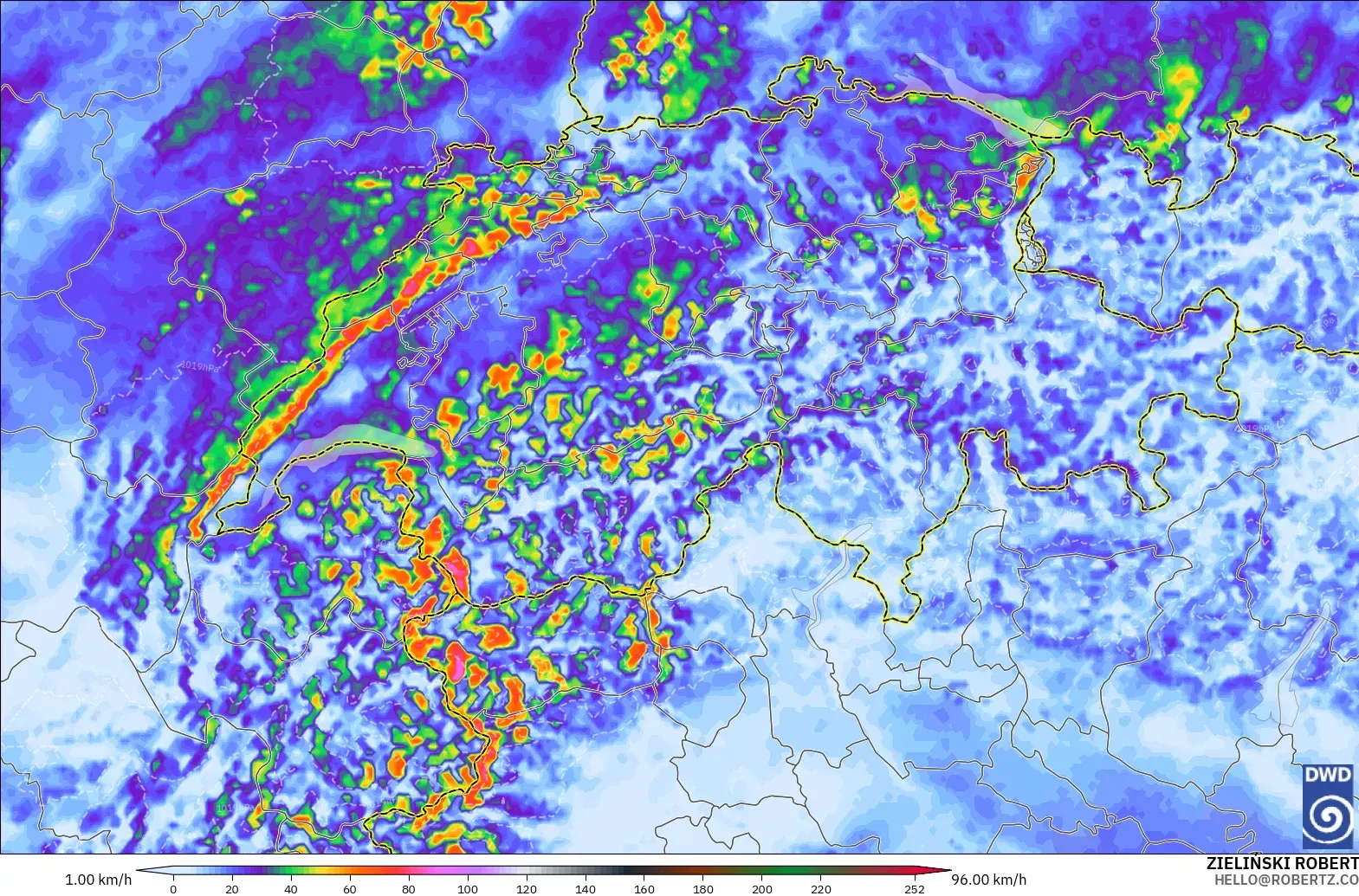 ICON Alemania 2 km modelo - Suiza, Ráfagas de viento