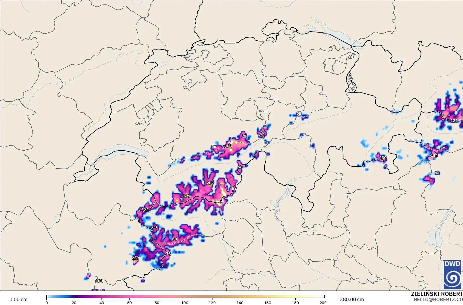 ICON Alemania 2 km modelo - Suiza, Profundidad de nieve