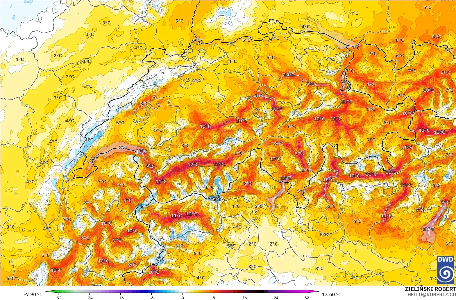 ICON Alemania 2 km modelo - Suiza, Anomalía de temperatura a 2 m