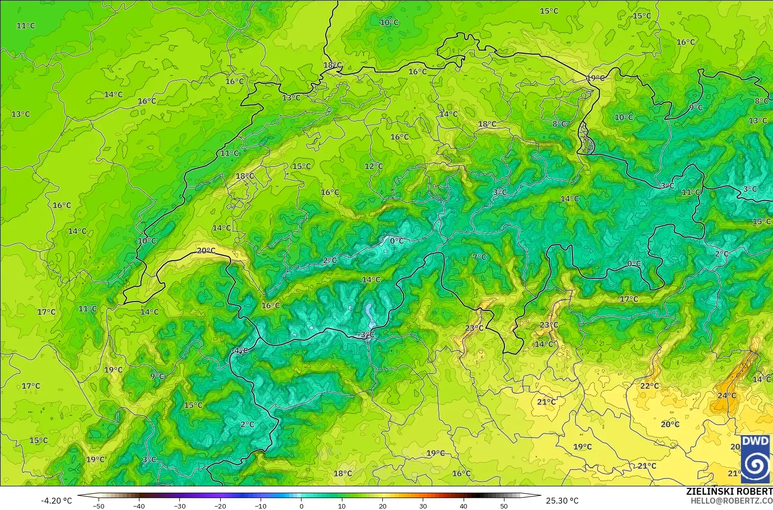 ICON Alemania 2 km modelo - Suiza, Temperatura a 2 m