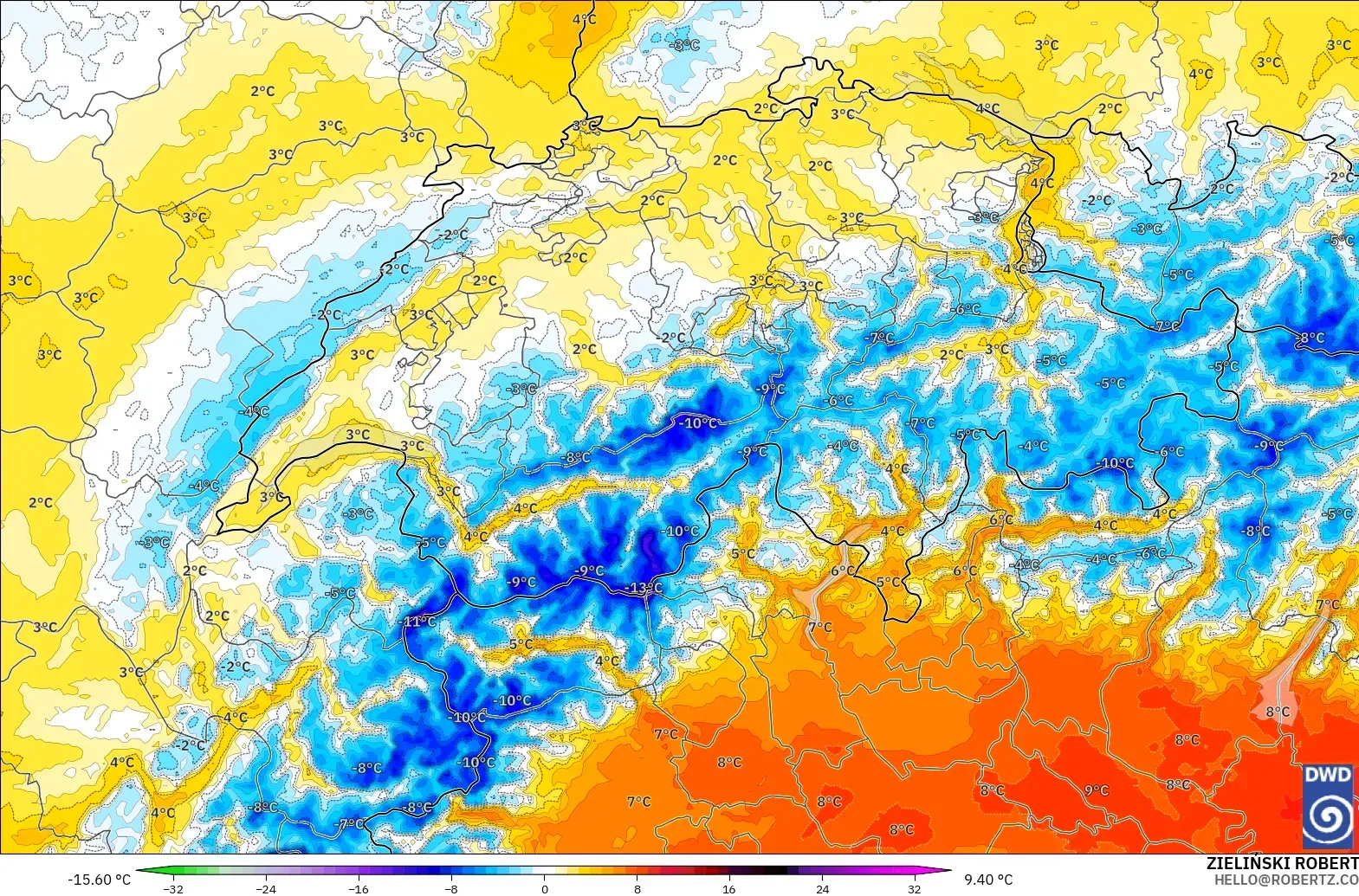 ICON Alemania 2 km modelo - Suiza, Anomalía de temperatura a 850 hPa