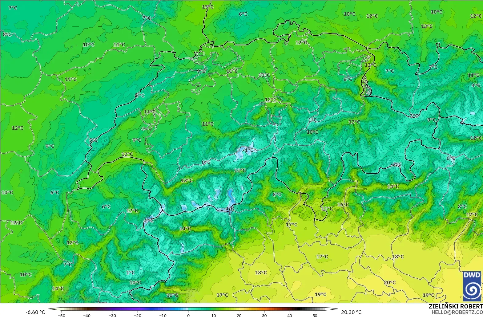 ICON Alemania 2 km modelo - Suiza, Temperatura a 850 hPa