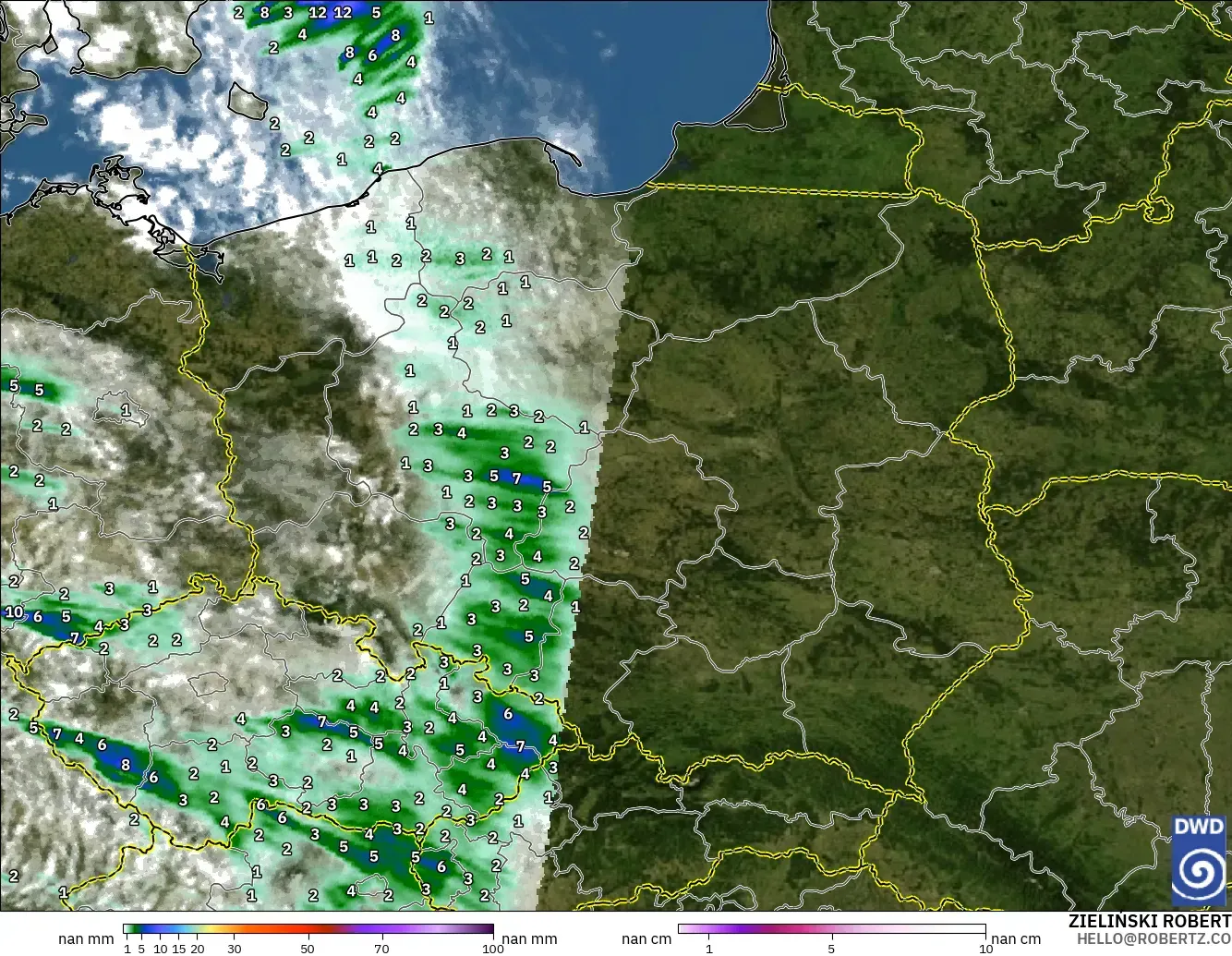 ICON Alemania 2 km modelo - Polonia, Precipitación, nubes y presión