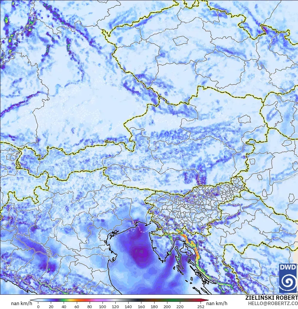 ICON Alemania 2 km modelo - Austria, Ráfagas de viento