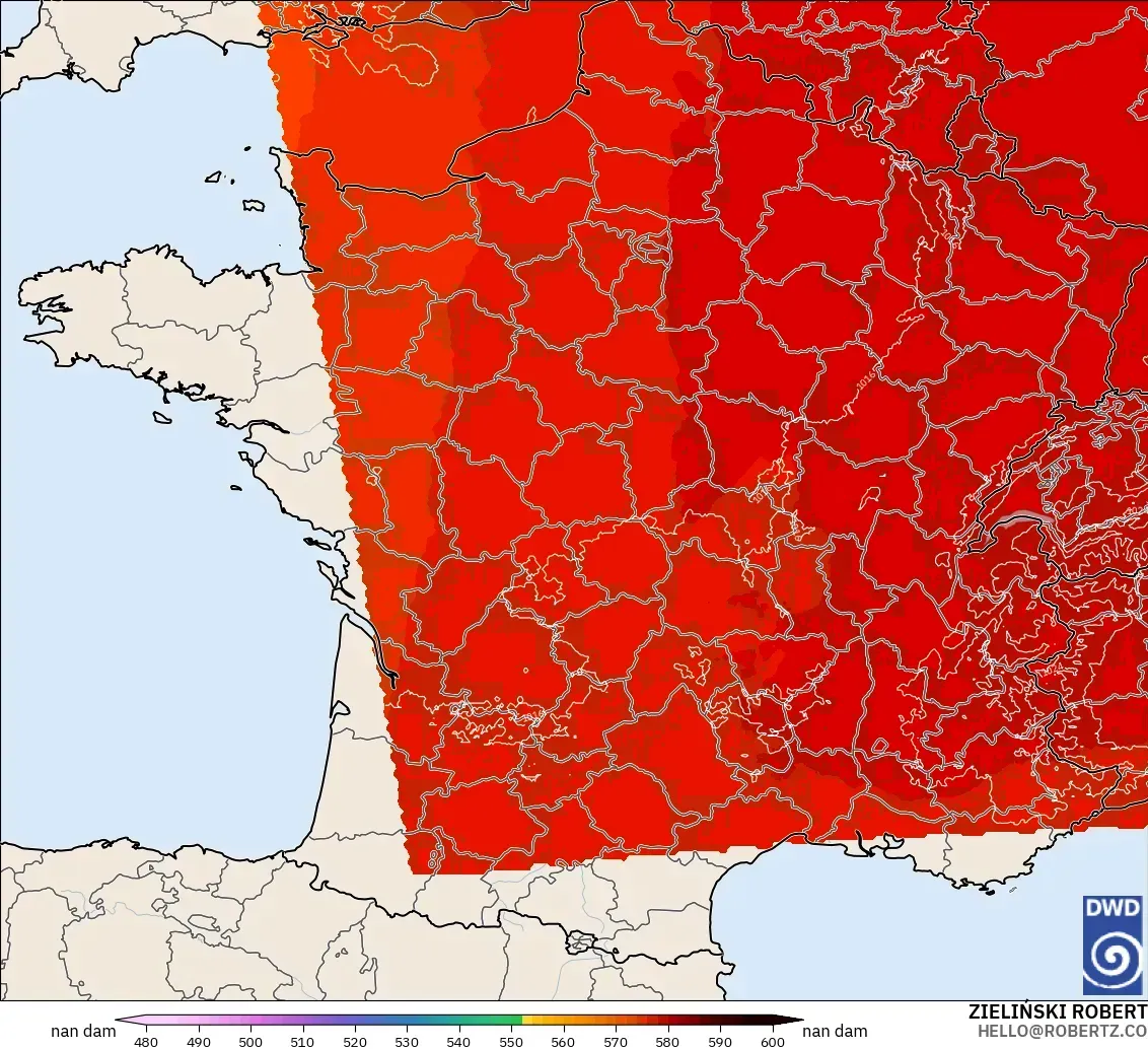 ICON Alemania 2 km modelo - Francia, Altura geopotencial a 500 hPa