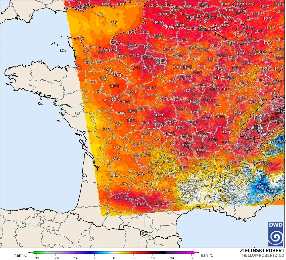 ICON Alemania 2 km modelo - Francia, Anomalía de temperatura a 2 m