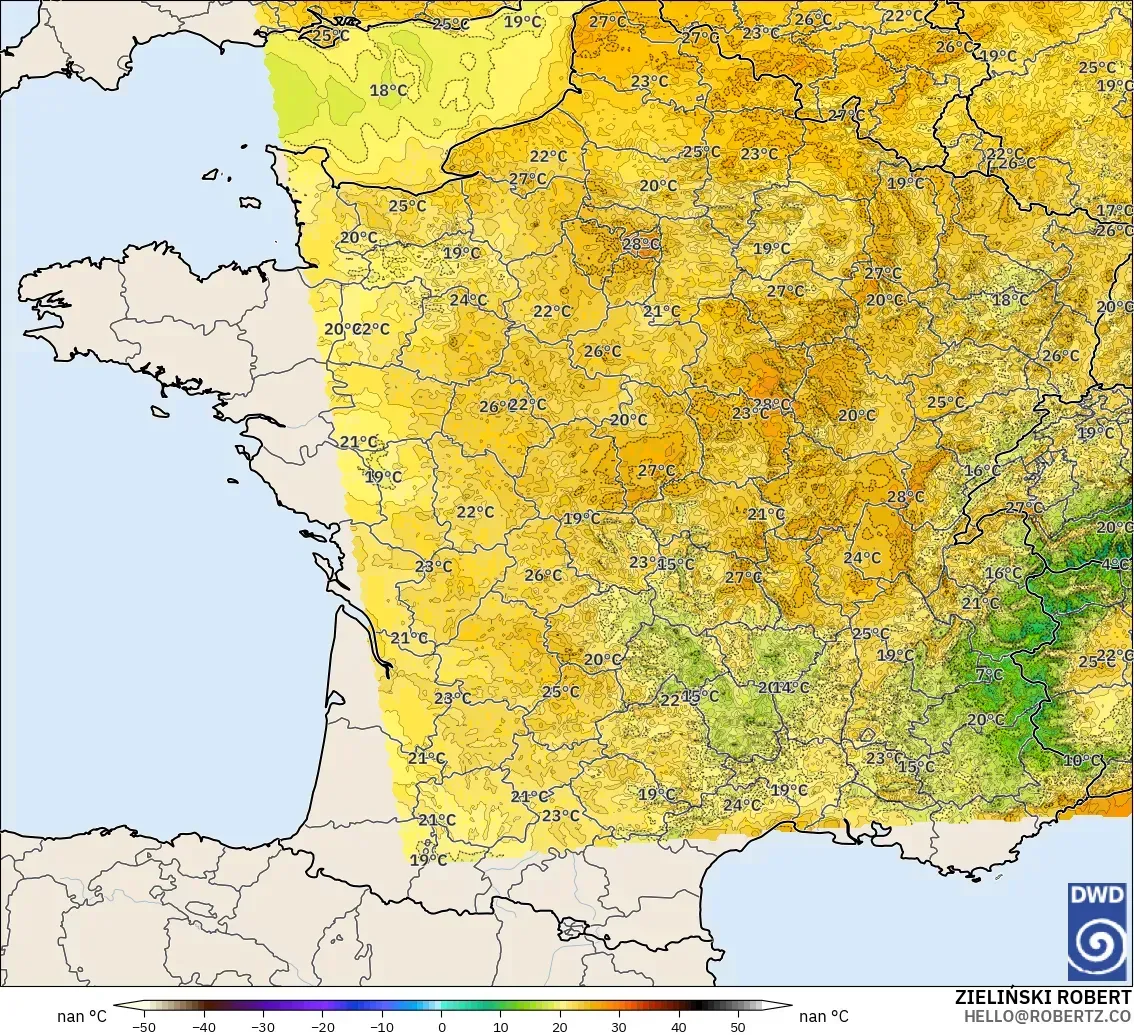 ICON Alemania 2 km modelo - Francia, Temperatura a 2 m