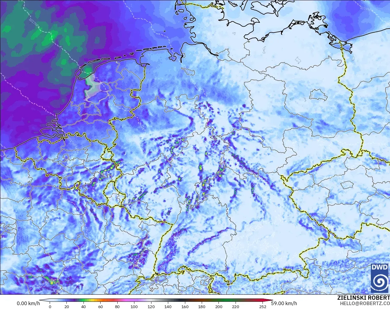 ICON Alemania 2 km modelo - Alemania, Ráfagas de Viento Máximas
