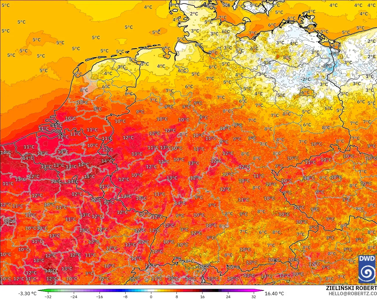 ICON Alemania 2 km modelo - Alemania, Anomalía de temperatura a 2 m