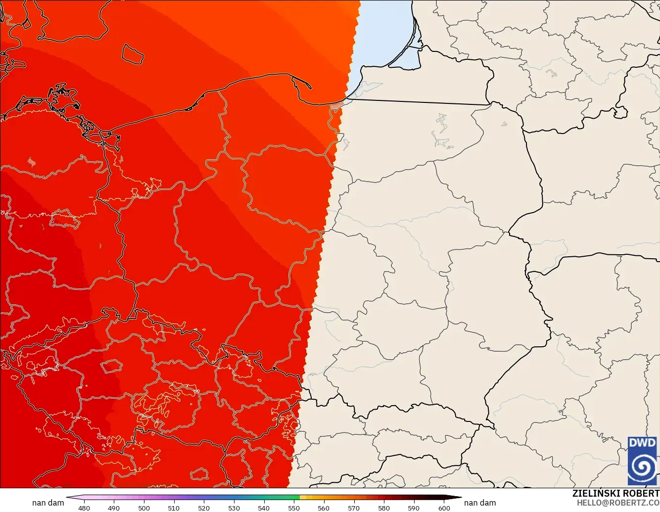ICON Alemania 2 km modelo - Polonia, Altura geopotencial a 500 hPa