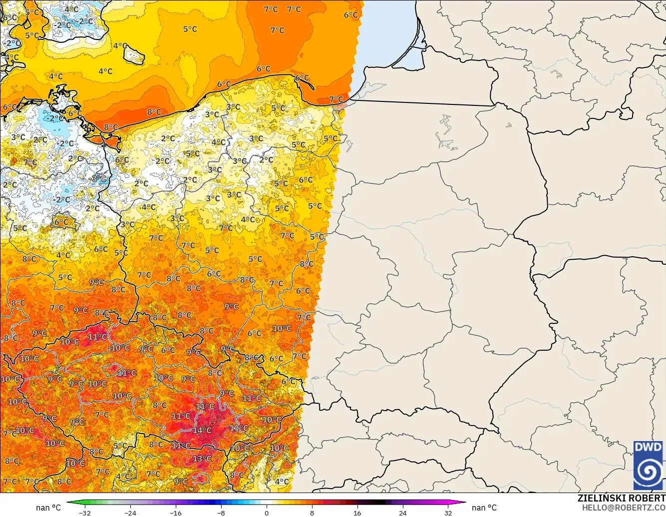 ICON Alemania 2 km modelo - Polonia, Anomalía de temperatura a 2 m